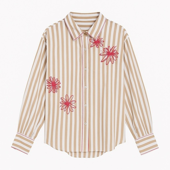 Tanya Taylor Tops - Tanya Taylor davina embroidered stripe floral button down shirt beige pink